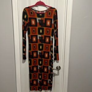 Orange multicolored fitted midi dress size large (10/12)